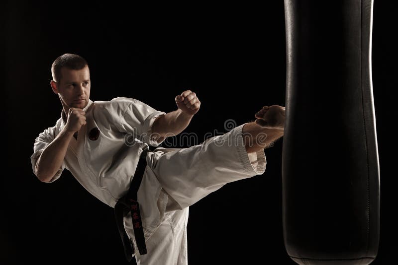 Karate ronde schop in een ponsenzak stock foto Karate ronde schop in een ponsenzak stock foto