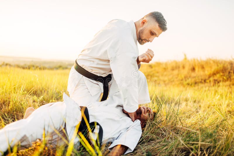 Karate wojownik rozdaje decydującego kopnięcie przeciwnik zdjęcia royalty free Karate wojownik rozdaje decydującego kopnięcie przeciwnik zdjęcia royalty free