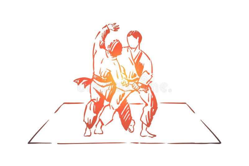 Karate ή τζούντο που πυγμαχεί, παραδοσιακές ασιατικές πολεμικές τέχνες, νέοι μαχητές footboard άσκησης κιμονό απεικόνιση αποθεμάτων