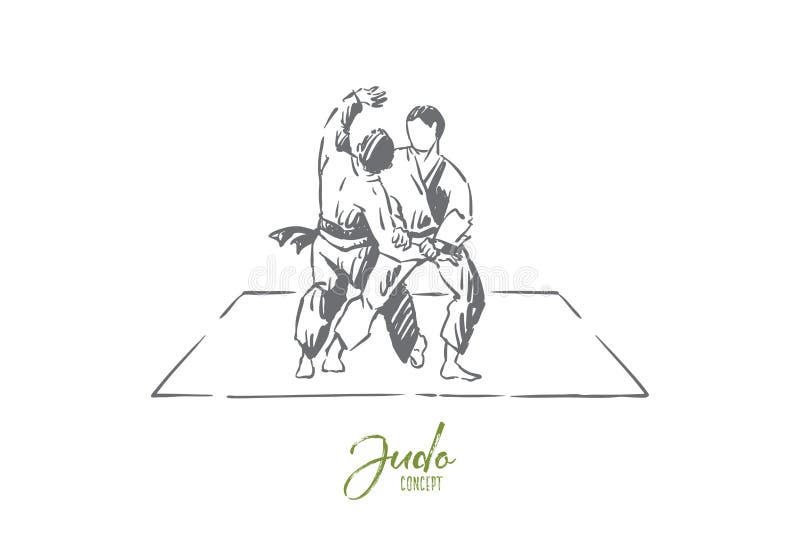 Karate ή τζούντο που πυγμαχεί, παραδοσιακές ασιατικές πολεμικές τέχνες, νέοι μαχητές footboard άσκησης κιμονό διανυσματική απεικόνιση