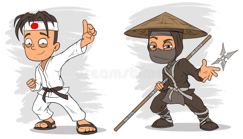 Karate κινούμενων σχεδίων διανυσματικό σύνολο χαρακτήρων αγοριών και ninja απεικόνιση αποθεμάτων