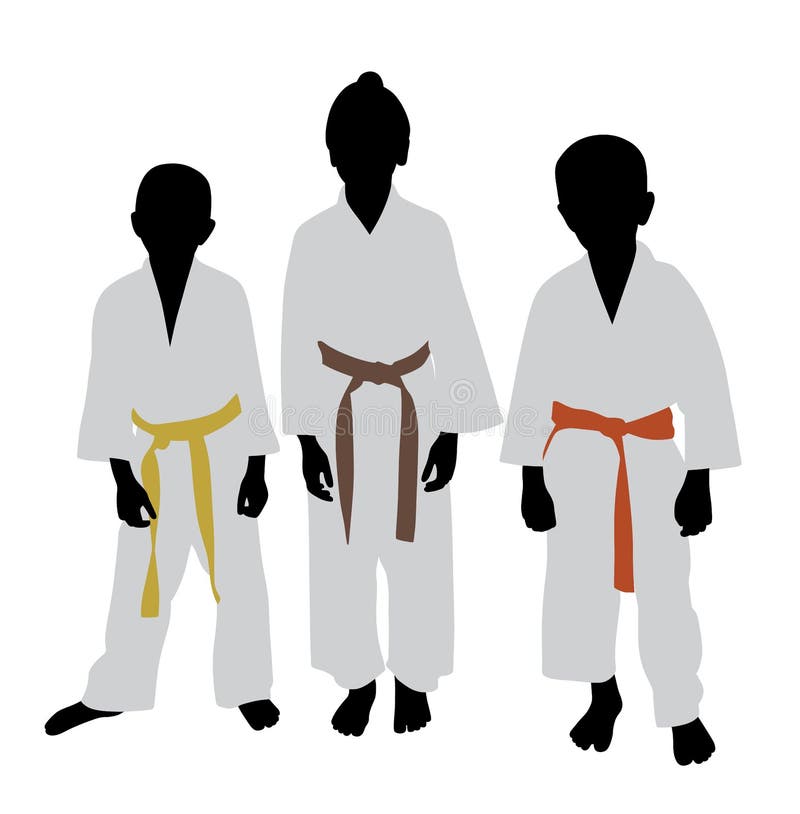 Illustration of three karate kids with different color belt rank. Isolated white background. EPS file available. Illustration of three karate kids with different color belt rank. Isolated white background. EPS file available.