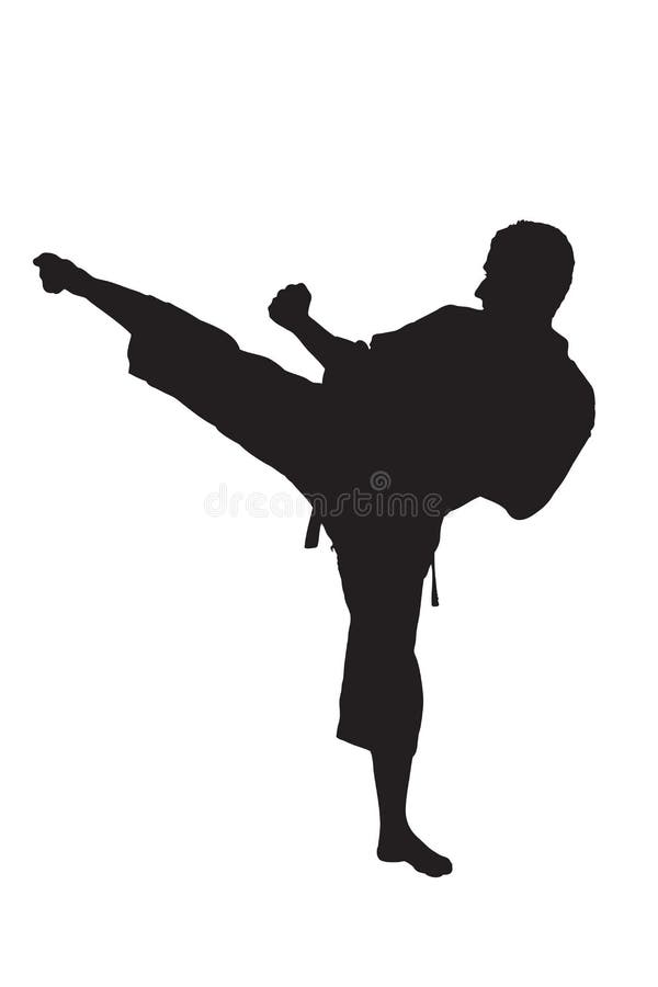A silhouette of a karate man exercising against white background. A silhouette of a karate man exercising against white background
