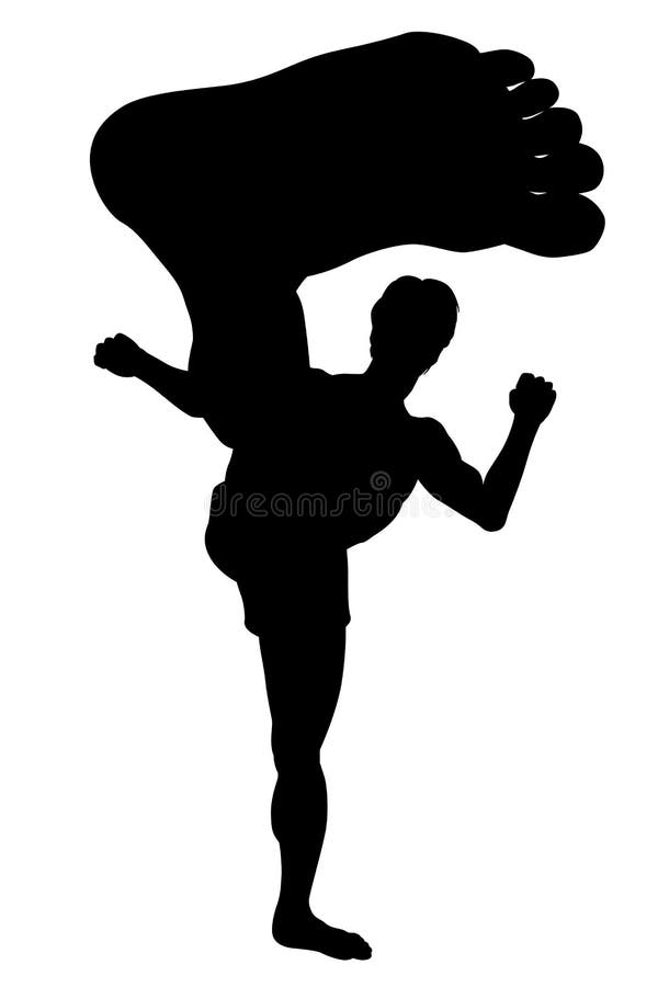 EPS8 editable vector silhouette of a man doing a karate kick with wide-angle perspective. EPS8 editable vector silhouette of a man doing a karate kick with wide-angle perspective