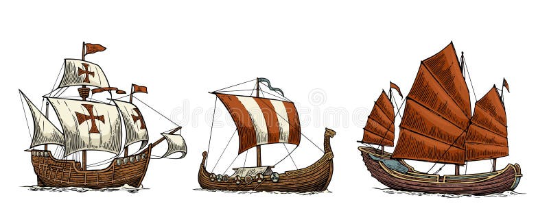 Karawela, drakkar, dżonka Ustawia żeglowanie statki unosi się denne fala ilustracji Karawela, drakkar, dżonka Ustawia żeglowanie statki unosi się denne fala ilustracji