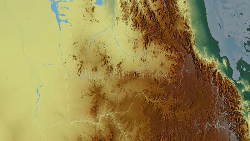 Karbamaskeritrea, beskrivet. lindring. Regionen Eritrea. Färgad relief med sjöar och floder. form som skisserats mot landområde 3d-rendering