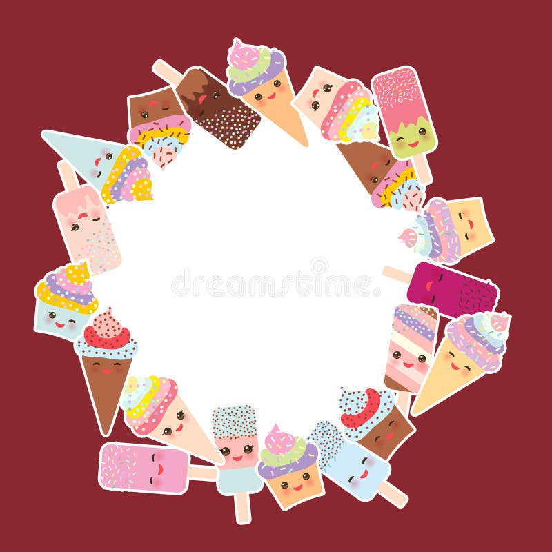Karciany projekt dla twój teksta round rama, wianek babeczki z śmietanką, lody w gofrze konusują, lodowy lolly Kawaii z różowym p royalty ilustracja Karciany projekt dla twój teksta round rama, wianek babeczki z śmietanką, lody w gofrze konusują, lodowy lolly Kawaii z różowym p royalty ilustracja
