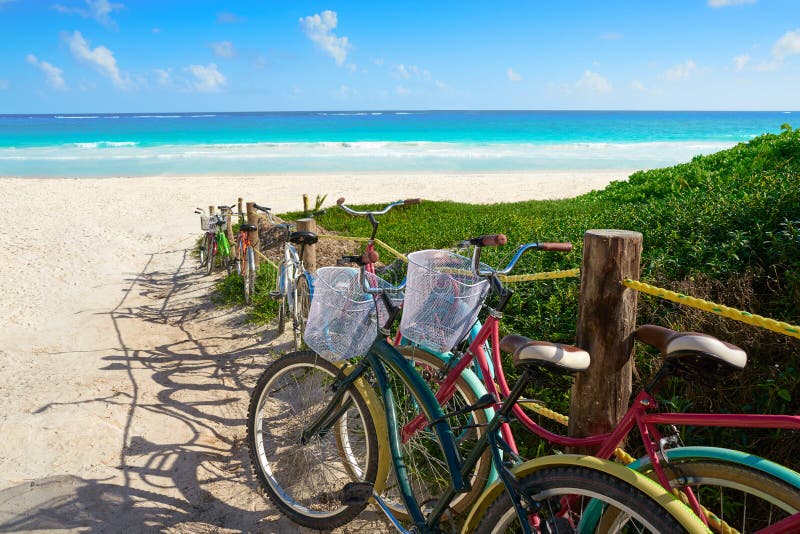 Tulum Caribbean beach bicycles in Riviera Maya of Mayan Mexico. Tulum Caribbean beach bicycles in Riviera Maya of Mayan Mexico