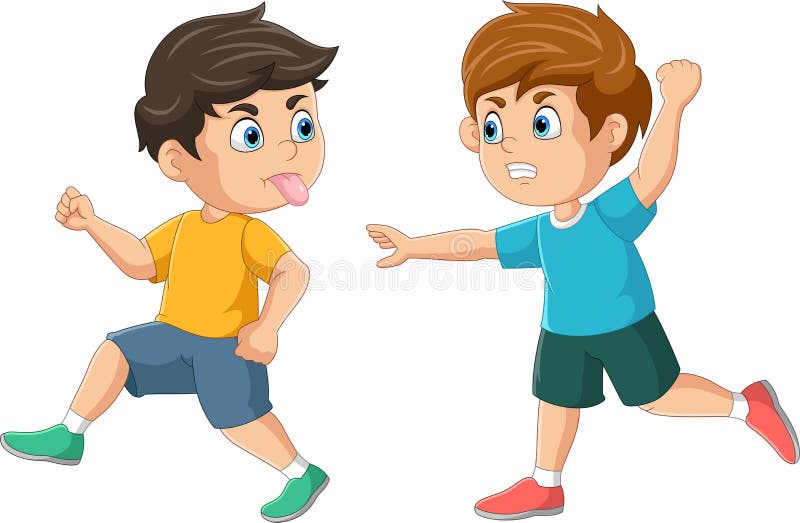 Illustration of Cartoon bad boy running with showing tongue and grimacing face to angry friend. Illustration of Cartoon bad boy running with showing tongue and grimacing face to angry friend