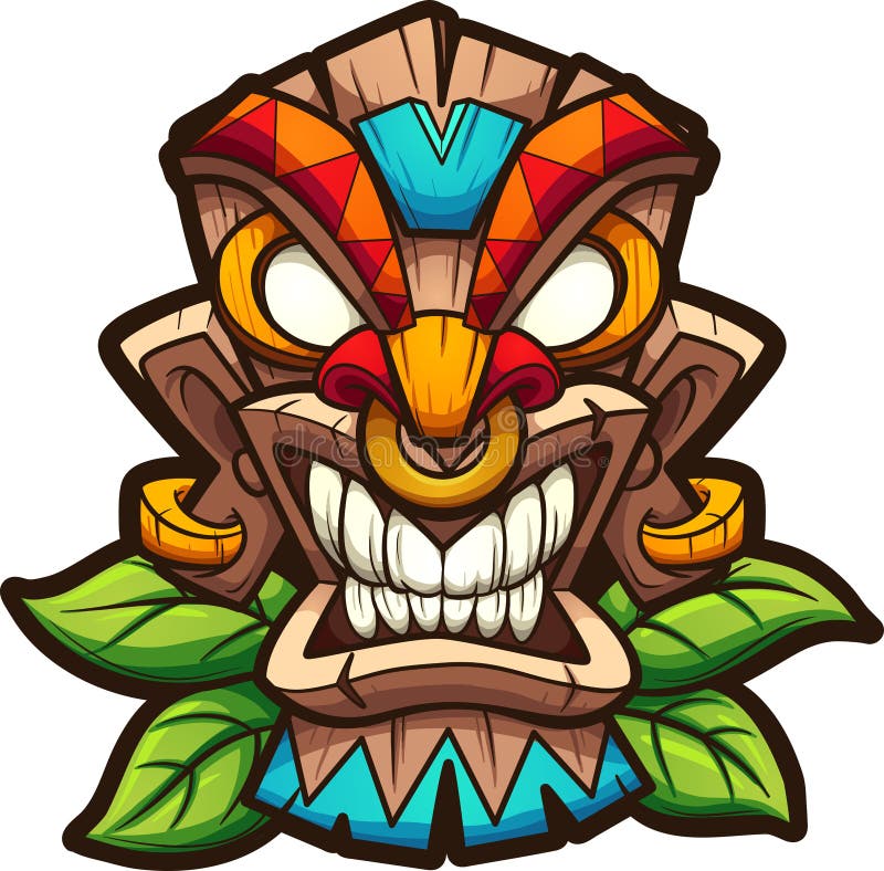 Cartoon colorful tiki mask with leaves. Vector clip art illustration with simple gradients. All in a single layer. Cartoon colorful tiki mask with leaves. Vector clip art illustration with simple gradients. All in a single layer