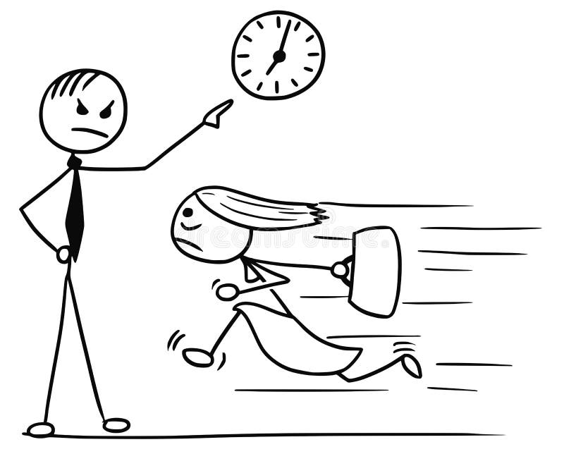 Cartoon vector doodle stickman woman running for work few minutes late and her boss waiting and pointing at wall clock. Cartoon vector doodle stickman woman running for work few minutes late and her boss waiting and pointing at wall clock