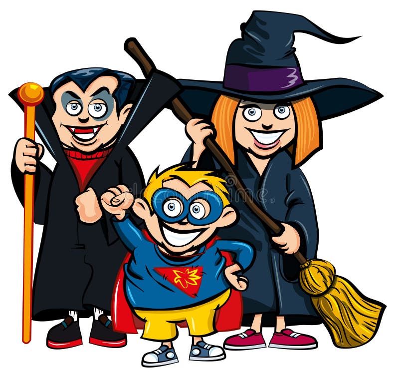 Cartoon of group of kids in Haloween costumes. A vampire, a superhero and a witch. Cartoon of group of kids in Haloween costumes. A vampire, a superhero and a witch