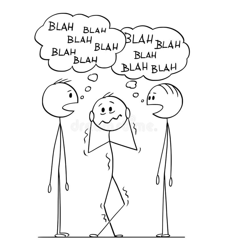 Cartoon stick figure drawing conceptual illustration of frustrated man hearing between two men in conversation with blah-blah or blah speech bubbles. Cartoon stick figure drawing conceptual illustration of frustrated man hearing between two men in conversation with blah-blah or blah speech bubbles.