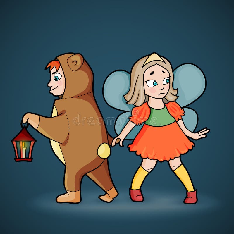 Karikatur des Jungen und des Mädchens in den Kostümen stock abbildung Karikatur des Jungen und des Mädchens in den Kostümen stock abbildung