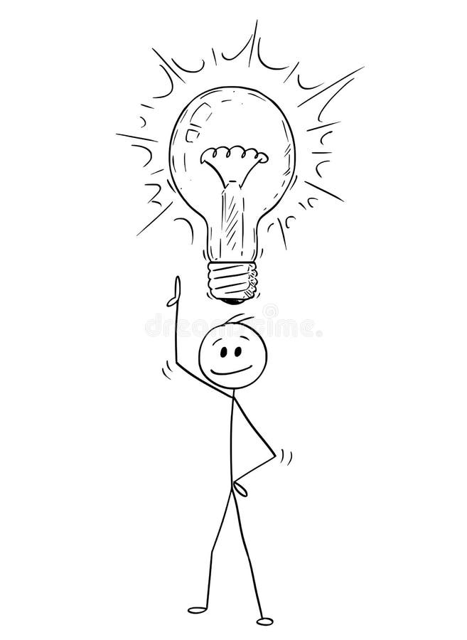 Karikatur des Mannes oder des Geschäftsmannes With Idea und glänzende Glühlampe über seinem Kopf