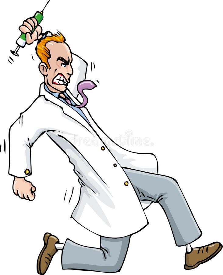 Karikatur des psychischen Doktors laufend mit einer Spritze