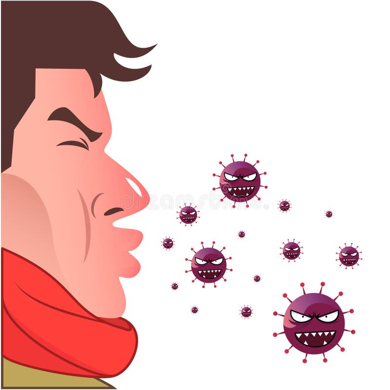 Cartoon of an adult cough sneeze expression and virus drawing on isolated background. Cartoon of an adult cough sneeze expression and virus drawing on isolated background.