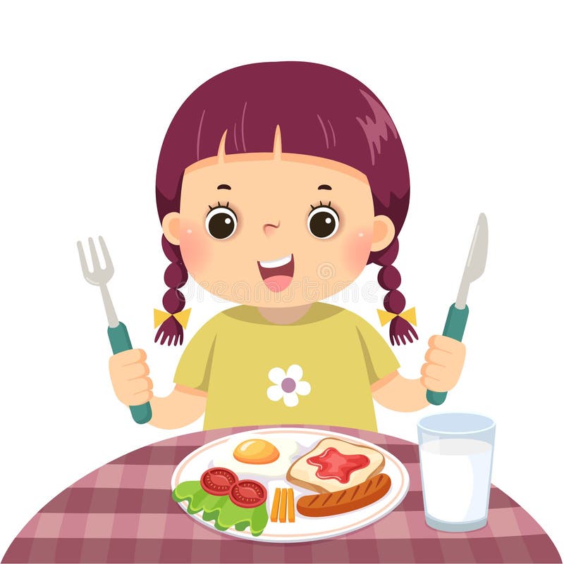 Karikatur eines kleinen Mädchens, das Frühstück essen