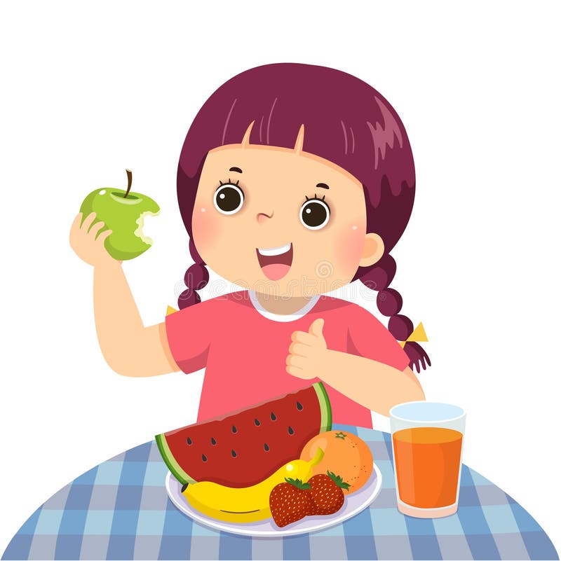 Karikatur eines kleinen Mädchens, das Grüne Apfel isst und Daumen auf Anzeichen zeigt