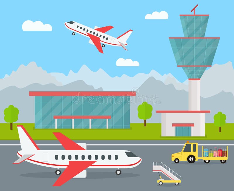 Karikatur-Flughafen-Gebäude und Flugzeuge Vektor lizenzfreie abbildung Karikatur-Flughafen-Gebäude und Flugzeuge Vektor lizenzfreie abbildung