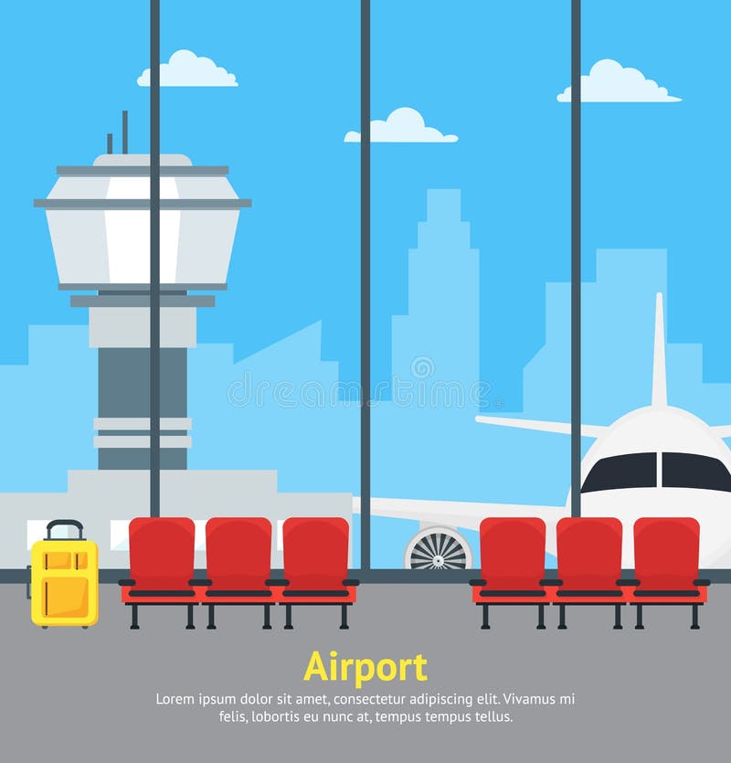 Karikatur-Flughafen-Warte- Innenraum von Terminal-Hall Card Poster Vektor lizenzfreie abbildung