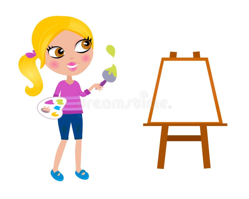 Karikatur-glückliches kleines Malermädchen mit Lackpinsel lizenzfreie abbildung Karikatur-glückliches kleines Malermädchen mit Lackpinsel lizenzfreie abbildung