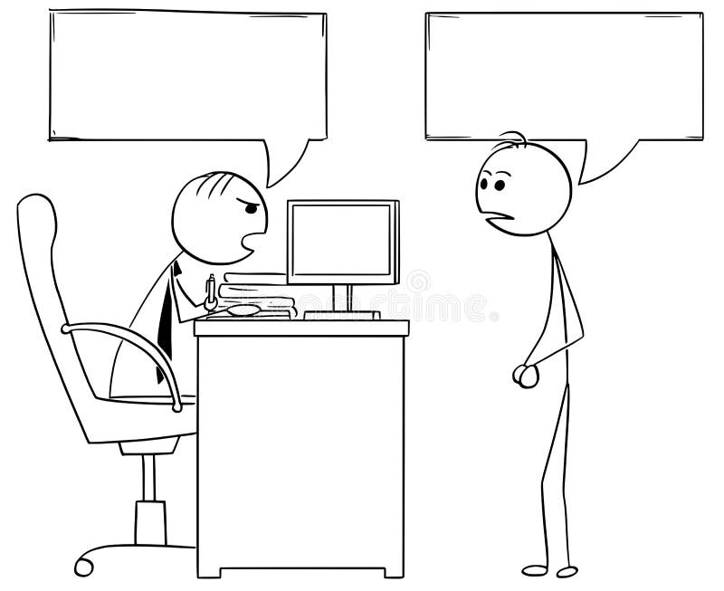 Cartoon illustration of stick man manager boss sitting in his office and talking to male employee.Two empty speech bubbles or balloons above their heads. Cartoon illustration of stick man manager boss sitting in his office and talking to male employee.Two empty speech bubbles or balloons above their heads.