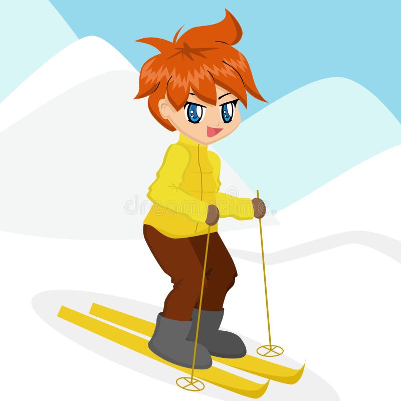 Karikatur-Jungen-Skifahren lizenzfreie abbildung Karikatur-Jungen-Skifahren lizenzfreie abbildung