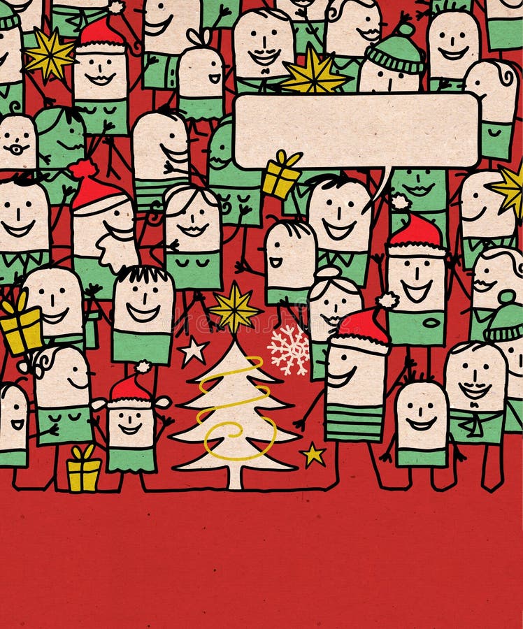 Karikatur-Leute drängen sich und glückliches Weihnachtszeit stock abbildung Karikatur-Leute drängen sich und glückliches Weihnachtszeit stock abbildung