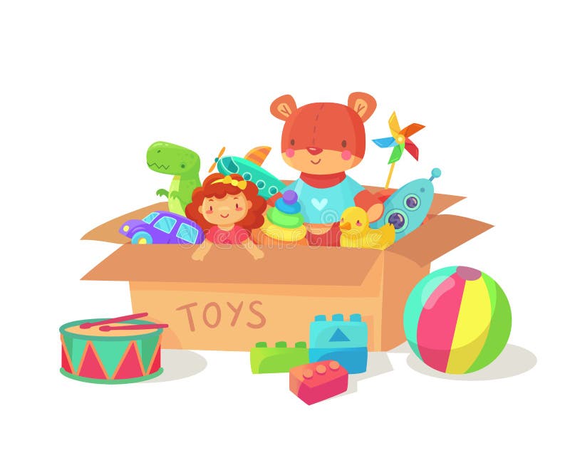 Karikatur scherzt Spielwaren in der Pappspielzeugkiste Kinderferiengeschenkkästen mit Kinderspielzeugen Spielzeugvektorillustrati