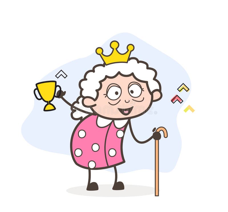 Karikatur-Sieger-Oma, die Victory Cup Vector Illustration zeigt lizenzfreie abbildung Karikatur-Sieger-Oma, die Victory Cup Vector Illustration zeigt lizenzfreie abbildung