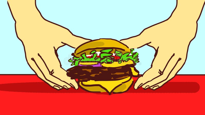 Karikatur übergibt das Nehmen eines Hamburgers von einer roten Tabelle stock abbildung Karikatur übergibt das Nehmen eines Hamburgers von einer roten Tabelle stock abbildung