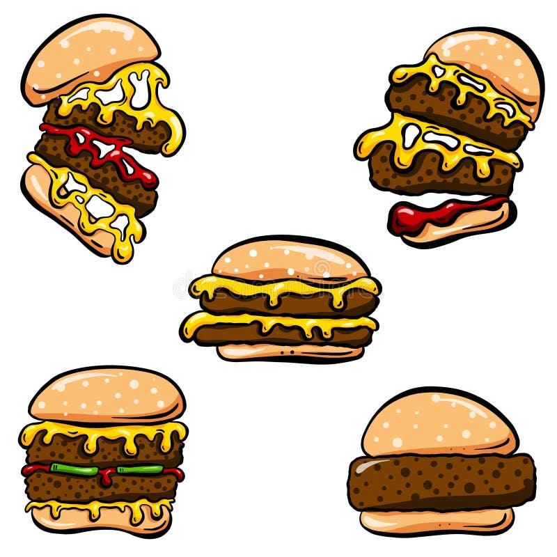 Karikaturarthamburger- oder -cheeseburger- oder -burgerlogoikonen im Vektorformat