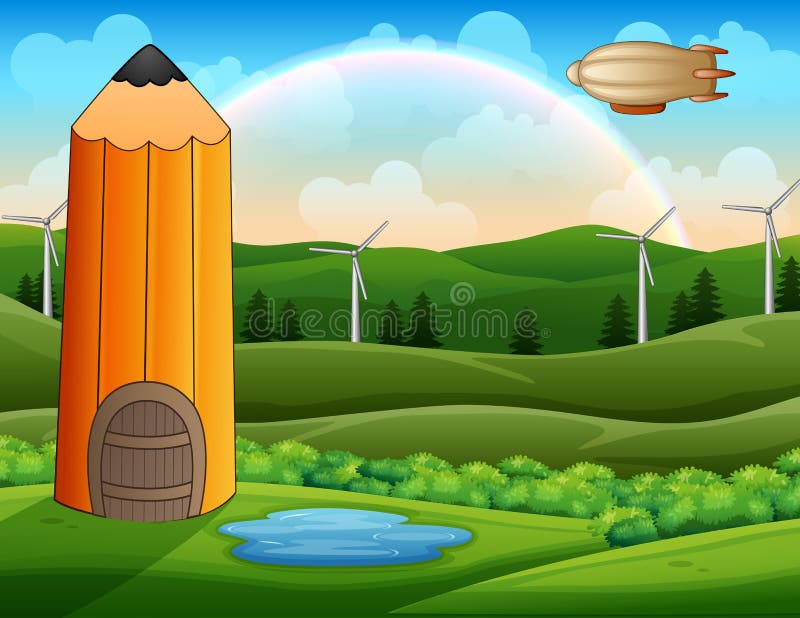 Karikaturbleistifthaus in der grünen Landschaft mit Luftschiff vorbei vektor abbildung