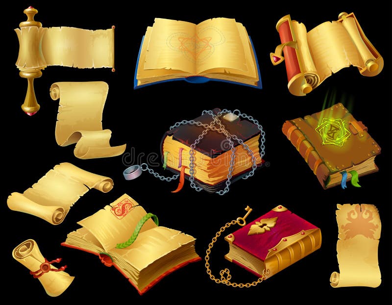 Karikaturbücher und -rollen. Spiel ui Symbole des alten mittelalterlichen Magic Bannes des Papyrusses und die Vorstellungskraft. V stock abbildung