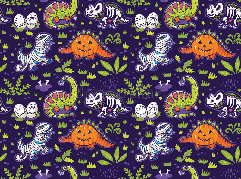 Happy Halloween. Funny cartoon dinosaurs in costumes of a pumpkin, a zombie, a skeleton and a vampire. Creative seamless pattern for textiles, wallpaper, wrapping paper. Happy Halloween. Funny cartoon dinosaurs in costumes of a pumpkin, a zombie, a skeleton and a vampire. Creative seamless pattern for textiles, wallpaper, wrapping paper