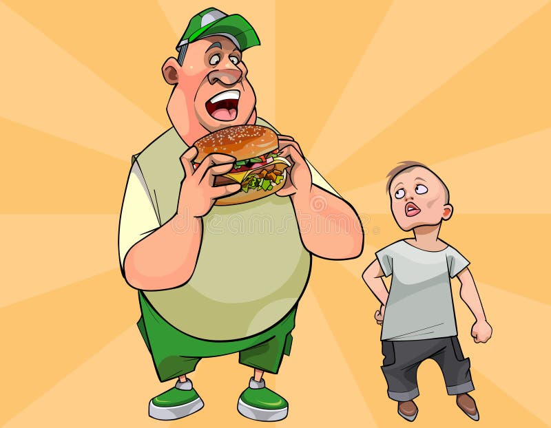 Karikaturfett Fleisch fressend ein großer Burger vektor abbildung Karikaturfett Fleisch fressend ein großer Burger vektor abbildung