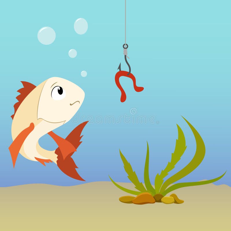Karikaturfischunderwater und -regenwurmes auf dem Haken lizenzfreie abbildung Karikaturfischunderwater und -regenwurmes auf dem Haken lizenzfreie abbildung