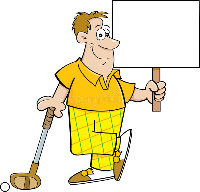 Karikaturgolfspieler, der ein Zeichen beim Lehnen auf einem Golfclub hält stock abbildung Karikaturgolfspieler, der ein Zeichen beim Lehnen auf einem Golfclub hält stock abbildung