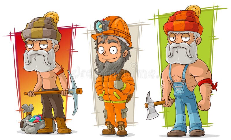 Karikaturgräber- und -holzfällercharaktervektorsatz lizenzfreie abbildung Karikaturgräber- und -holzfällercharaktervektorsatz lizenzfreie abbildung