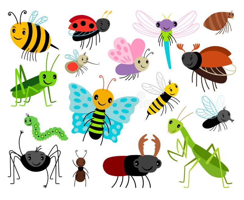 Karikaturinsekten Vector die nette Insektensammlung, -fliege und -marienkäfer, -Gottesanbeterin und -wespe, -wanze und -käfer, di lizenzfreie abbildung Karikaturinsekten Vector die nette Insektensammlung, -fliege und -marienkäfer, -Gottesanbeterin und -wespe, -wanze und -käfer, di lizenzfreie abbildung