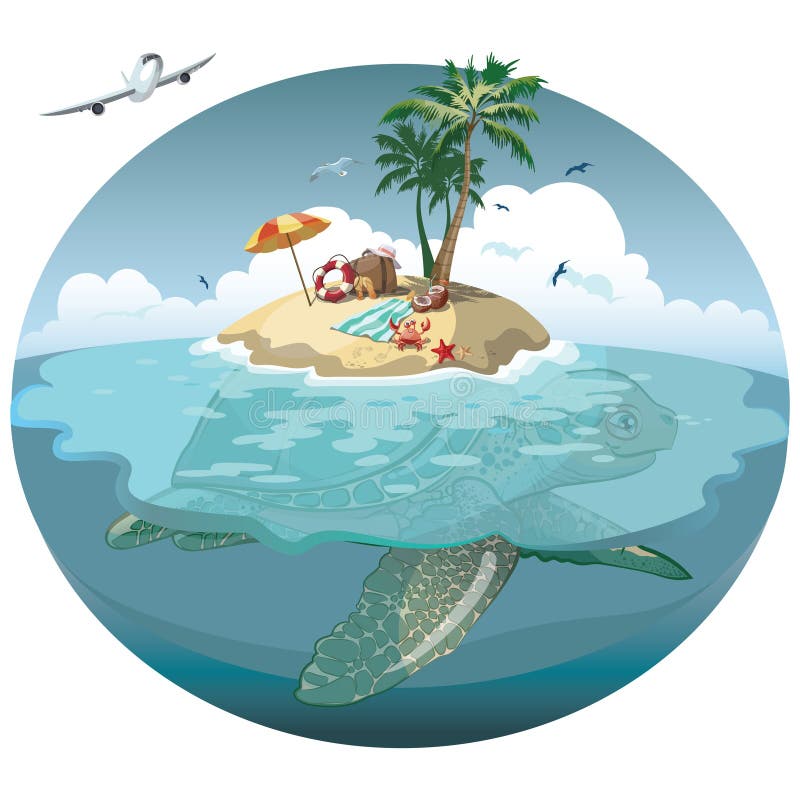 Karikaturinsel auf einer Meeresschildkröte Illustration für eine Reisefirma Sommerferien in dem Meer Illustration von einem sandi lizenzfreie abbildung Karikaturinsel auf einer Meeresschildkröte Illustration für eine Reisefirma Sommerferien in dem Meer Illustration von einem sandi lizenzfreie abbildung