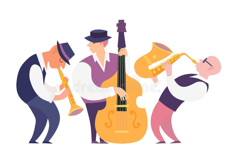 Karikaturjazzmusiker-Gruppenvektorillustration: contrabassist, Saxophon und Klarinette lizenzfreie abbildung Karikaturjazzmusiker-Gruppenvektorillustration: contrabassist, Saxophon und Klarinette lizenzfreie abbildung