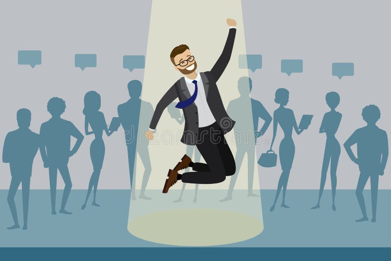 Karikaturjob-bewerber gewann und Sprünge im Scheinwerfer, Einstellungskonzept der menschlichen Ressource, Schattenbilder von Leut stock abbildung Karikaturjob-bewerber gewann und Sprünge im Scheinwerfer, Einstellungskonzept der menschlichen Ressource, Schattenbilder von Leut stock abbildung