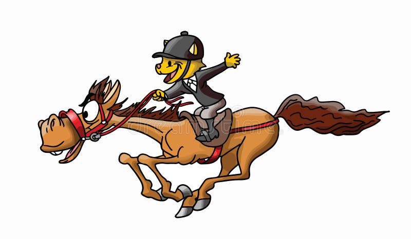 Karikaturkatze, die ein braunes Pferd galoppiert am Blitzgeschwindigkeitsvektor reitet stock abbildung