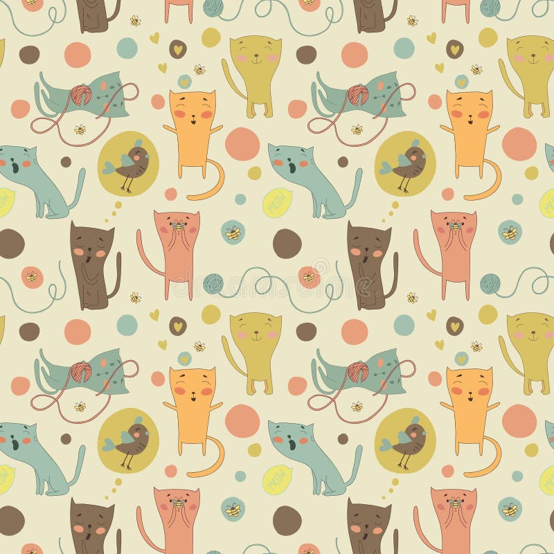 Cartoon cats, bird and toys on a bright background. Seamless pattern can be used for wallpapers, pattern fills, web page backgrounds, surface textures. Gorgeous vector background. Cartoon cats, bird and toys on a bright background. Seamless pattern can be used for wallpapers, pattern fills, web page backgrounds, surface textures. Gorgeous vector background