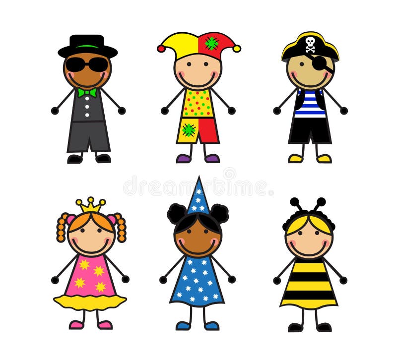 Cartoon children in different carnival costumes on white background. Cartoon children in different carnival costumes on white background