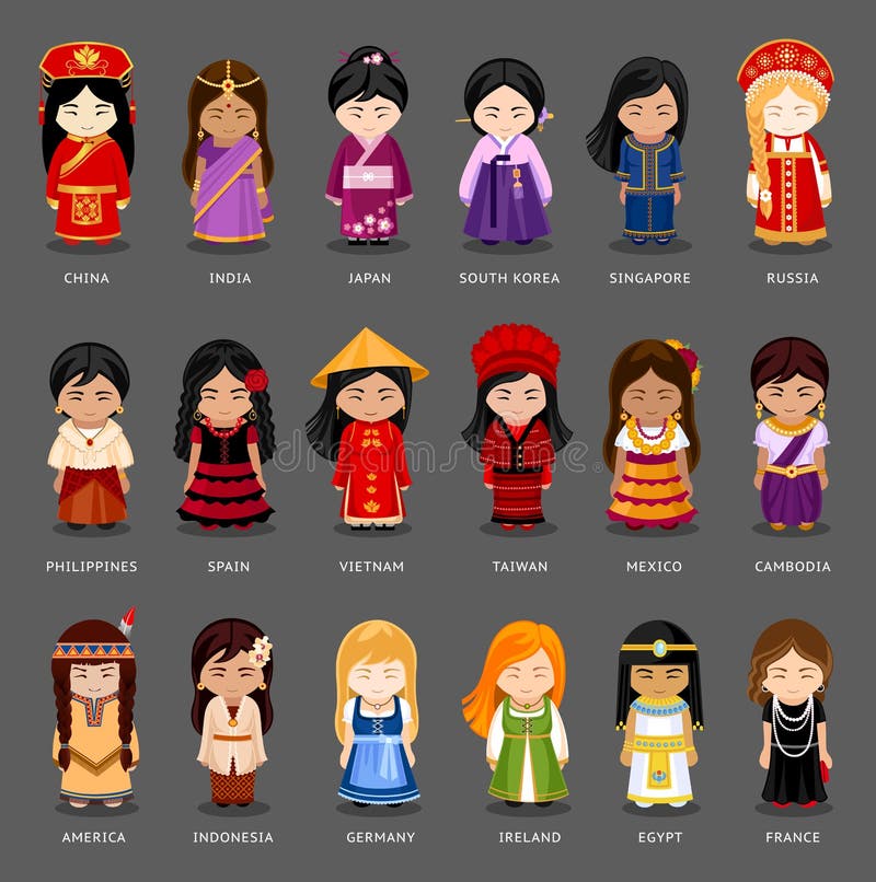 Cartoon girls in different national costumes. Vector illustration of multicultural national woman, people on planet earth. Set of international people in traditional clothes. Cartoon girls in different national costumes. Vector illustration of multicultural national woman, people on planet earth. Set of international people in traditional clothes.