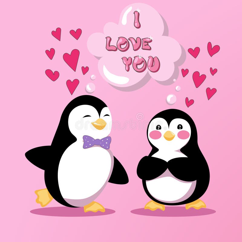 Karikaturpinguine erklären ihre Gefühle auf Datum. Pinguine auf Datum fühlen sich über Fersen hoch. Liebe ist in der Luft, die sie glücklich macht, was glänzt.. Vektorillustration der Liebeskarte auf rosa Hintergrund.