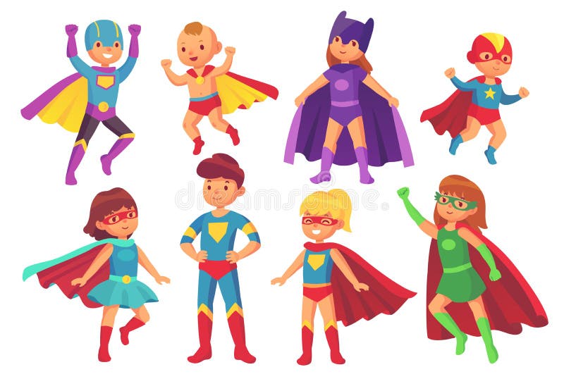 Karikatursuperheld scherzt Charaktere Frohes Kind, das Superheldkostüm mit Maske und Mantel trägt Kindersuperhelden